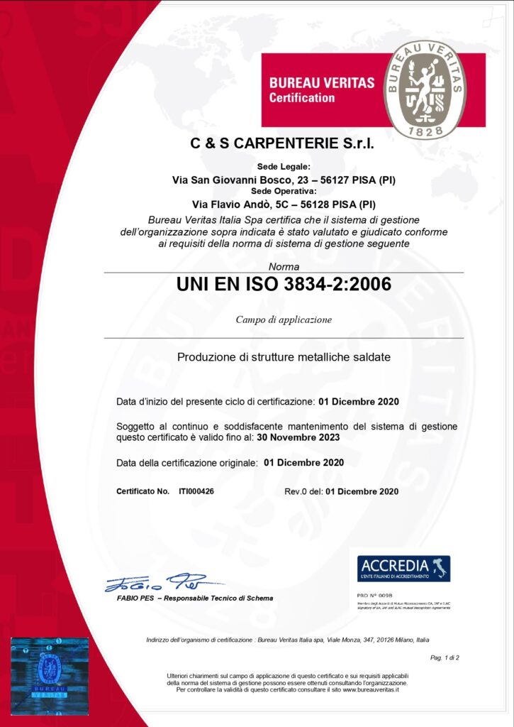 Carpenteria metallica certificata UNI EN ISO 3834